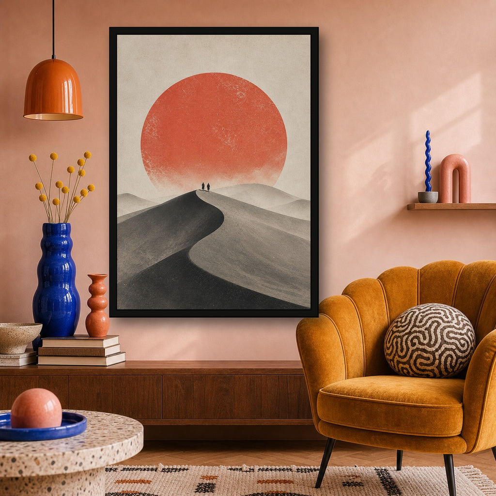 Quiet Dune Red Sun Poster, Japanese Landscape Wall Art, Travel Print - A room mockup