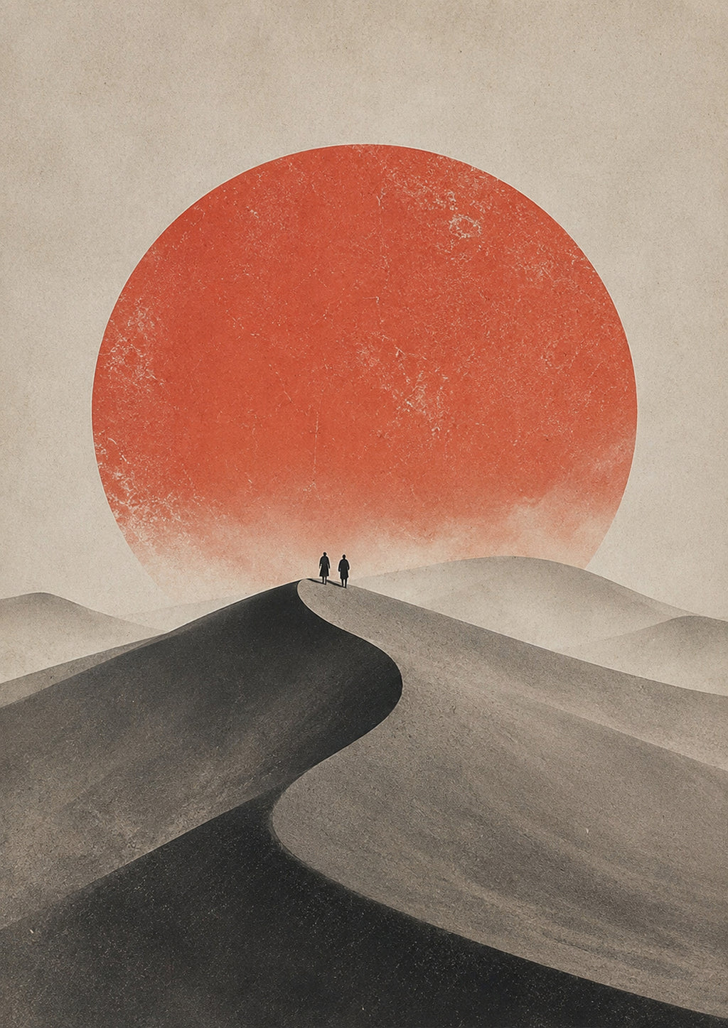 Quiet Dune Red Sun Poster, Japanese Landscape Wall Art, Travel Print