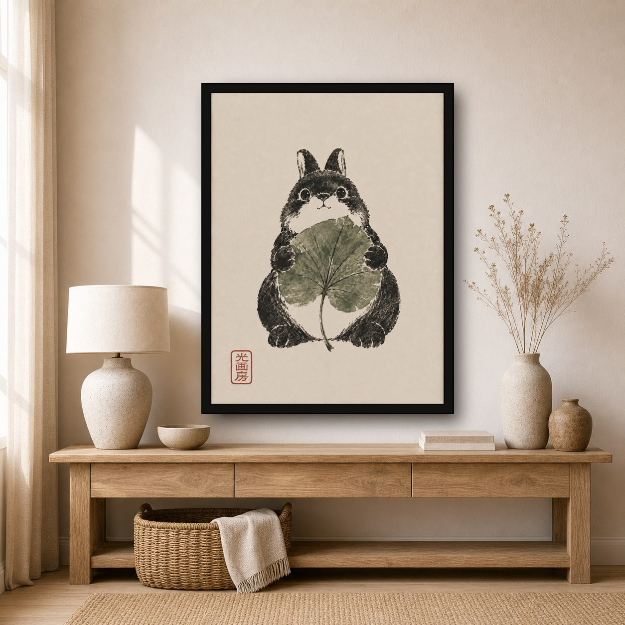 Rabbit Lotus Leaf Sumi Portrait Poster, Japanese Wall Art Print - 3x4 room mockup