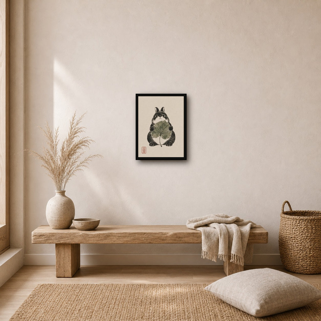 Rabbit Lotus Leaf Sumi Portrait Poster, Japanese Wall Art Print - 3x4 room mockup