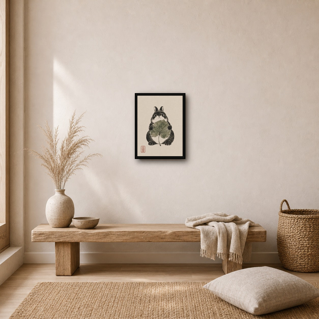 Rabbit Lotus Leaf Sumi Portrait Poster, Japanese Wall Art Print - 3x4 room mockup
