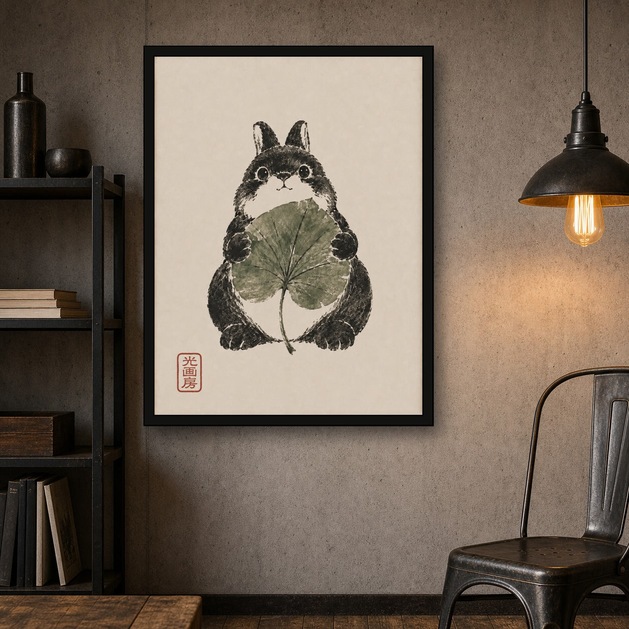 Rabbit Lotus Leaf Sumi Portrait Poster, Japanese Wall Art Print - 3x4 room mockup