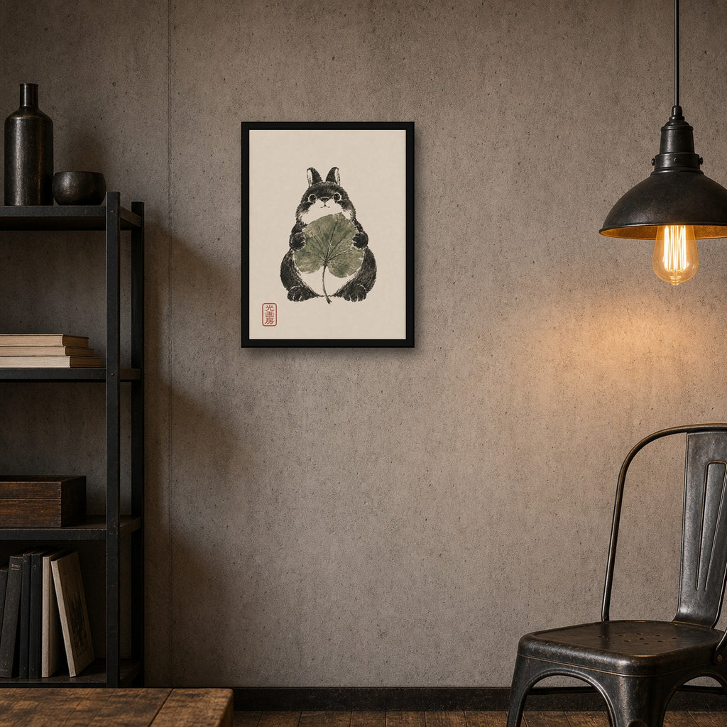 Rabbit Lotus Leaf Sumi Portrait Poster, Japanese Wall Art Print - 3x4 room mockup