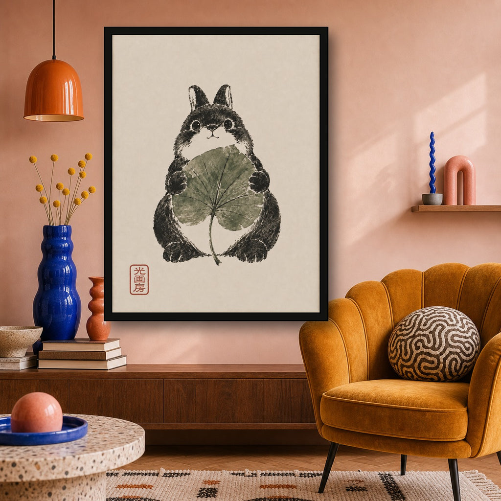 Rabbit Lotus Leaf Sumi Portrait Poster, Japanese Wall Art Print - 3x4 room mockup