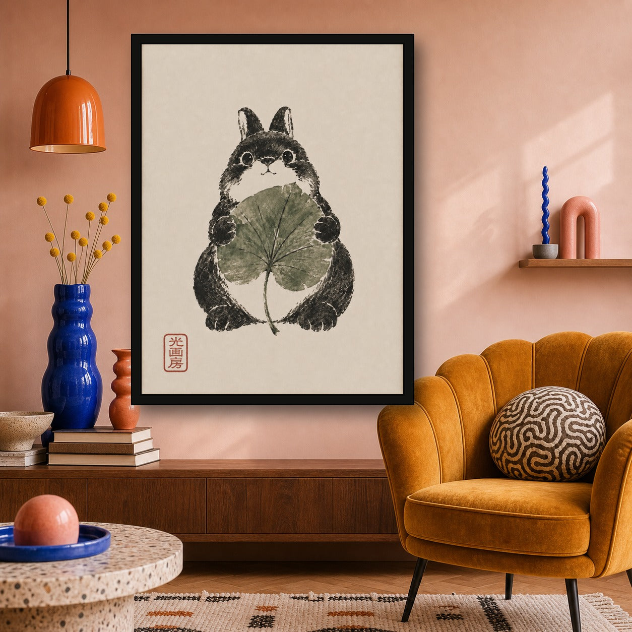 Rabbit Lotus Leaf Sumi Portrait Poster, Japanese Wall Art Print - 3x4 room mockup