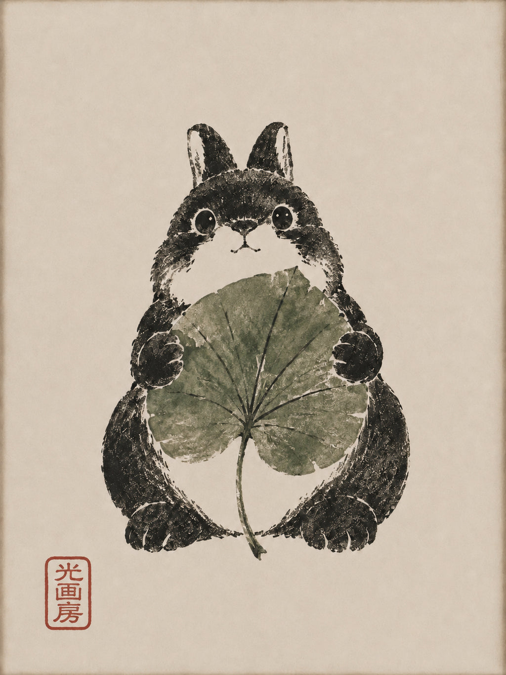 Rabbit Lotus Leaf Sumi Portrait Poster, Japanese Wall Art Print