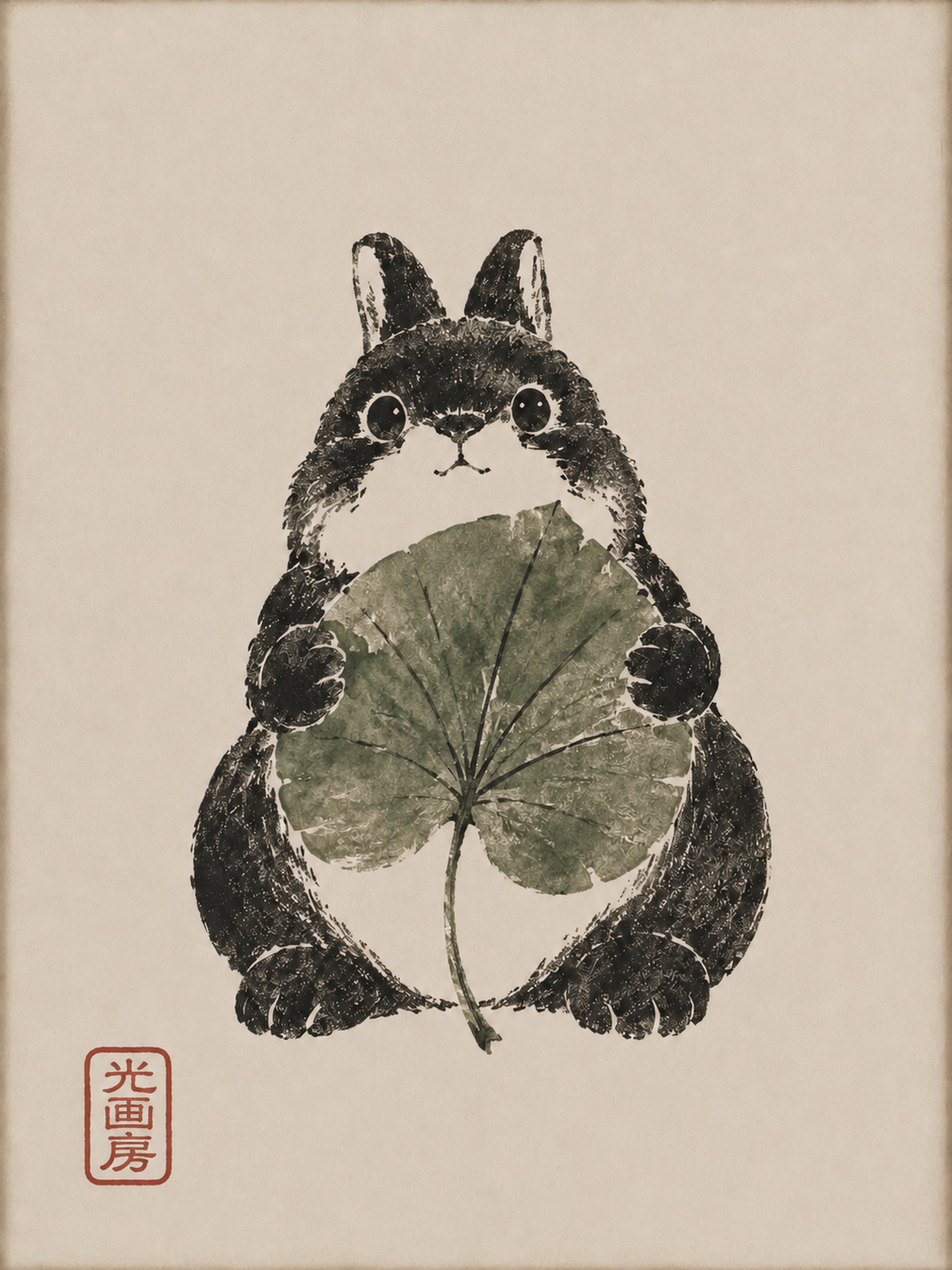 Rabbit Lotus Leaf Sumi Portrait Poster, Japanese Wall Art Print