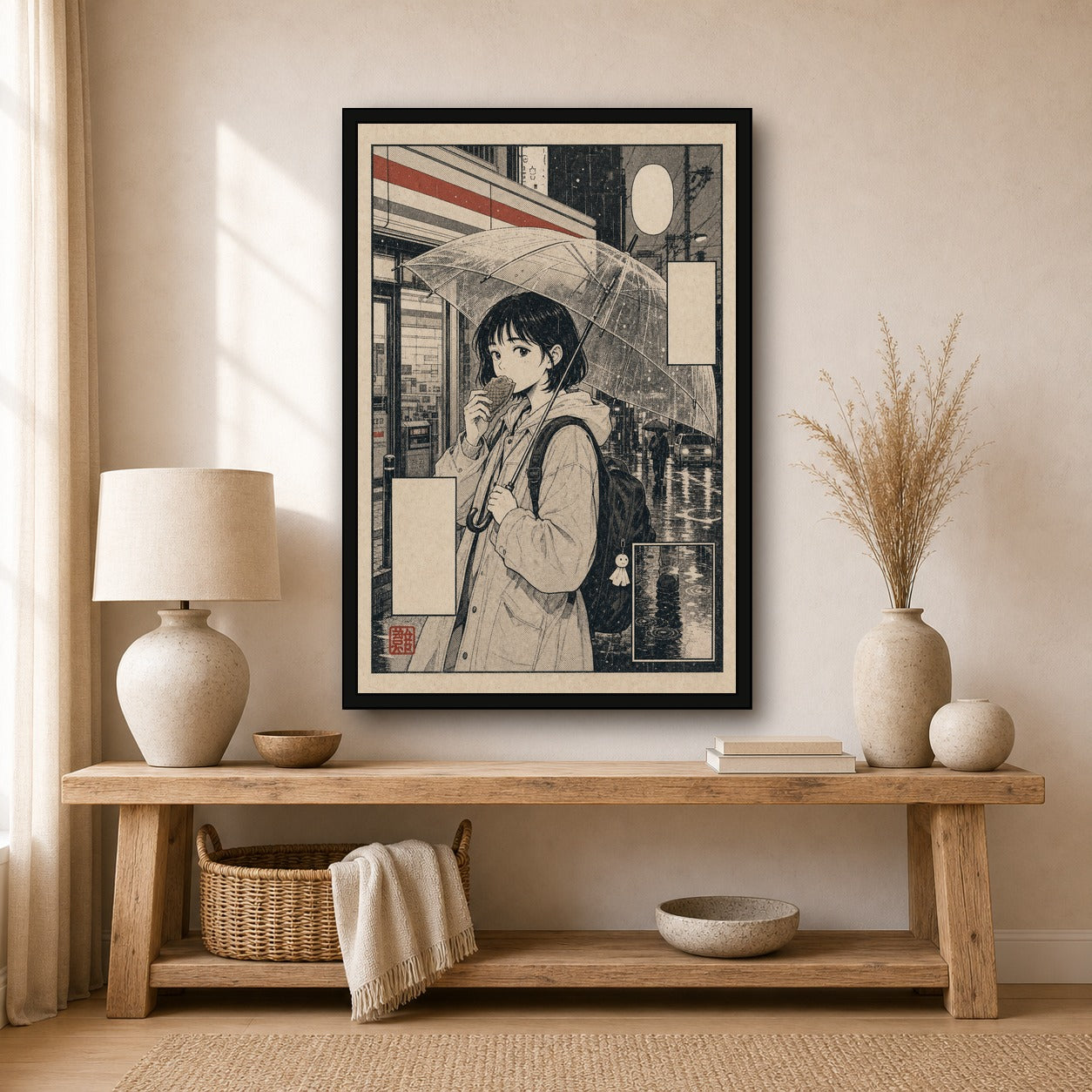 Rainy Girl Umbrella Japanese Retro Poster Print - 2x3 room mockup