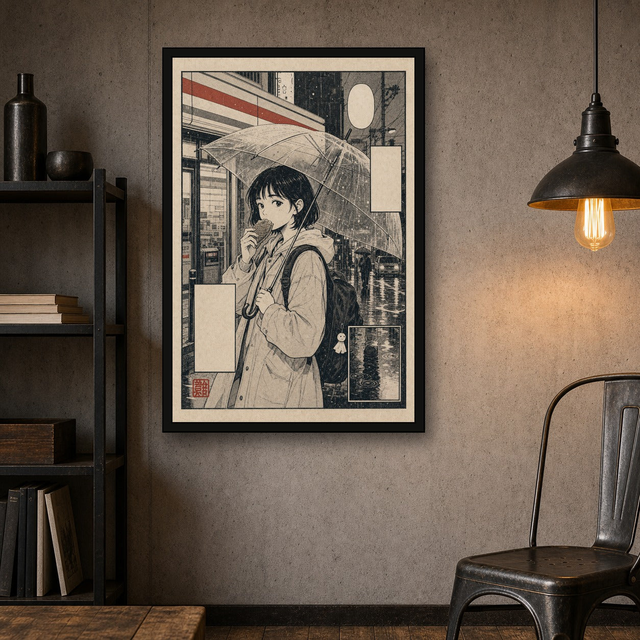 Rainy Girl Umbrella Japanese Retro Poster Print - 2x3 room mockup