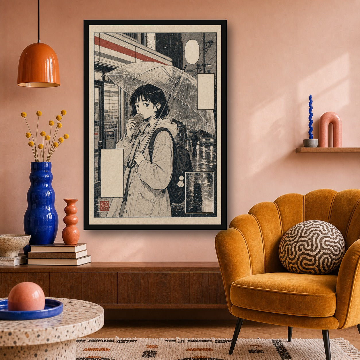 Rainy Girl Umbrella Japanese Retro Poster Print - 2x3 room mockup