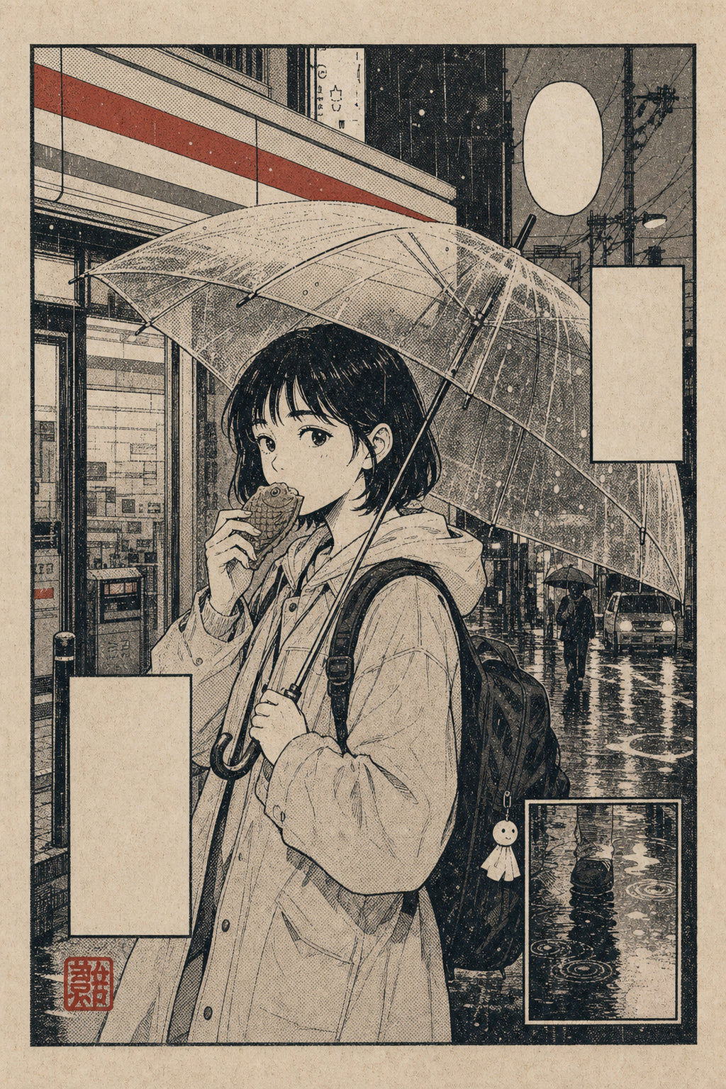 Rainy Girl Umbrella Japanese Retro Poster Print