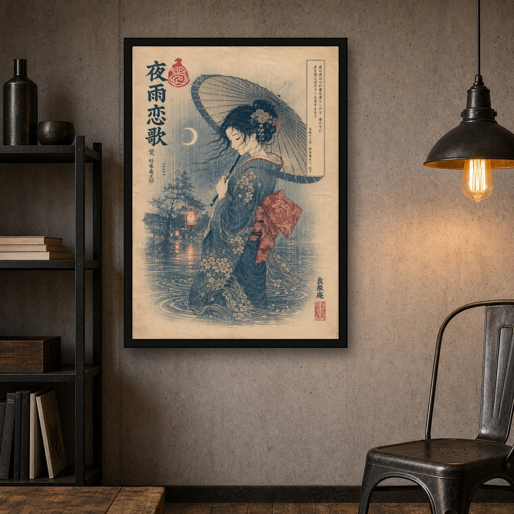Rainy Kimono Romance Japanese Retro Poster Print - A room mockup