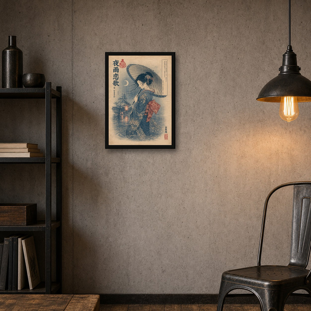 Rainy Kimono Romance Japanese Retro Poster Print - A room mockup