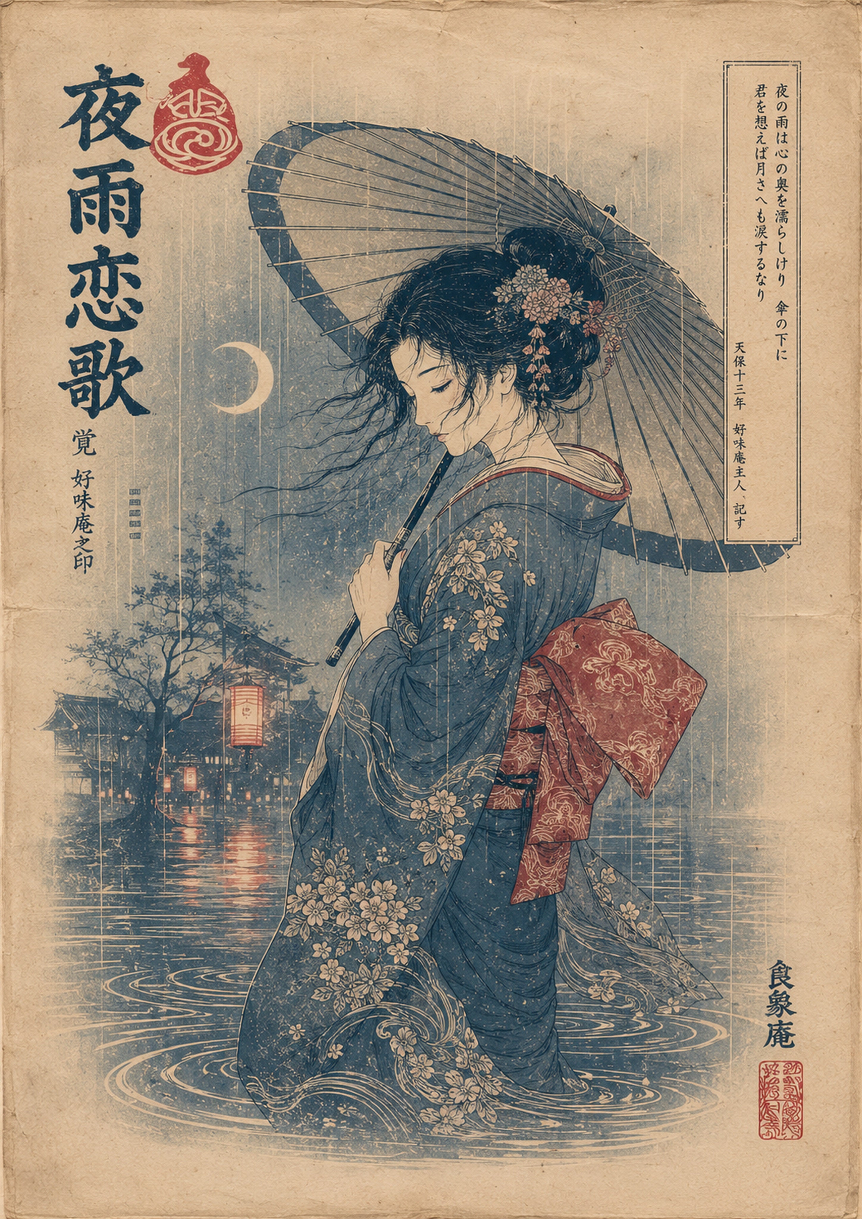 Rainy Kimono Romance Japanese Retro Poster Print