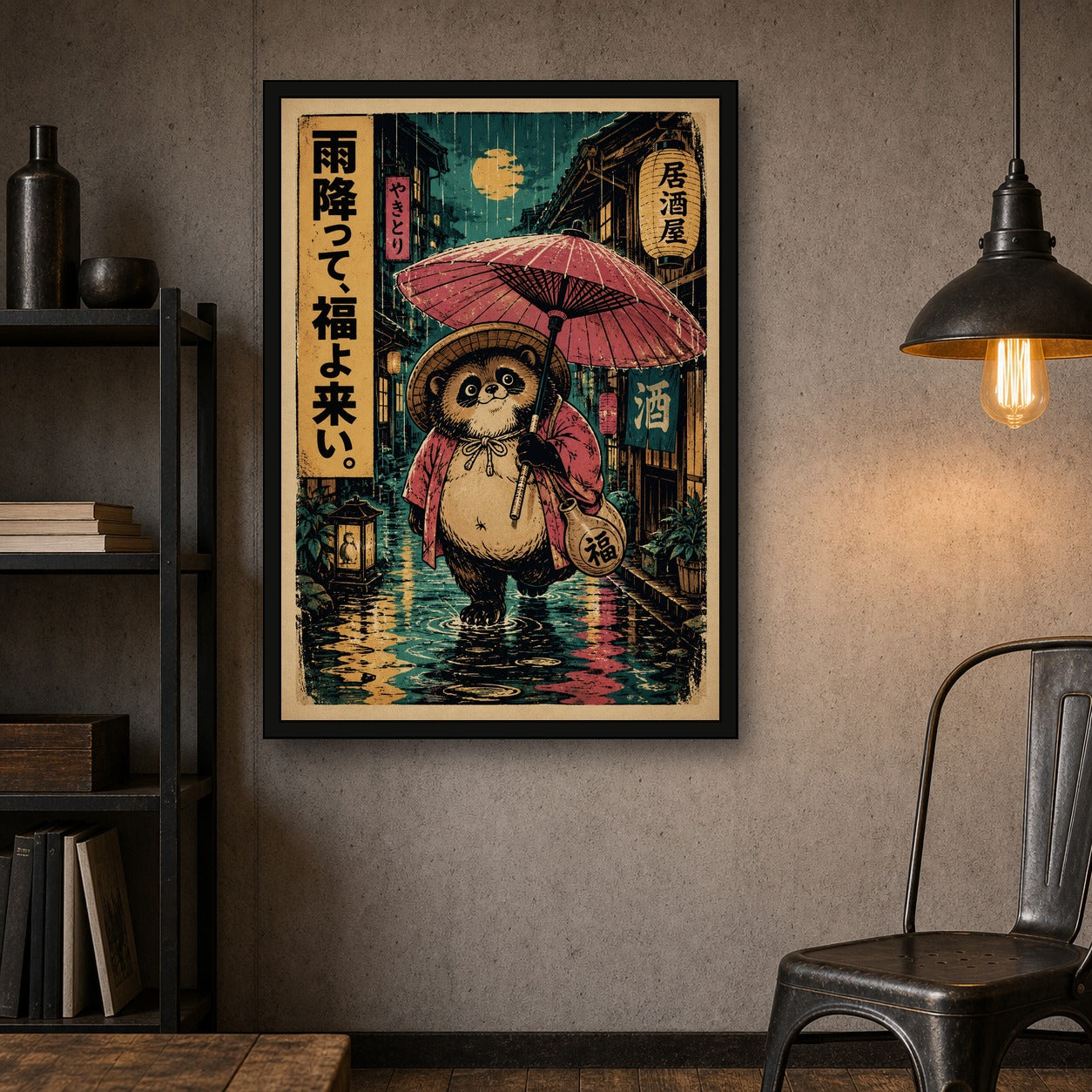 Rainy Tanuki Izakaya Poster, Japanese Nature Wall Art, Matte Print - A room mockup