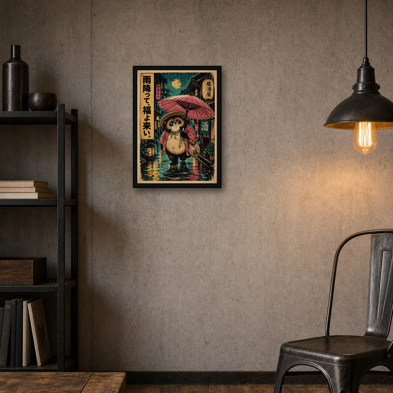 Rainy Tanuki Izakaya Poster, Japanese Nature Wall Art, Matte Print - A room mockup