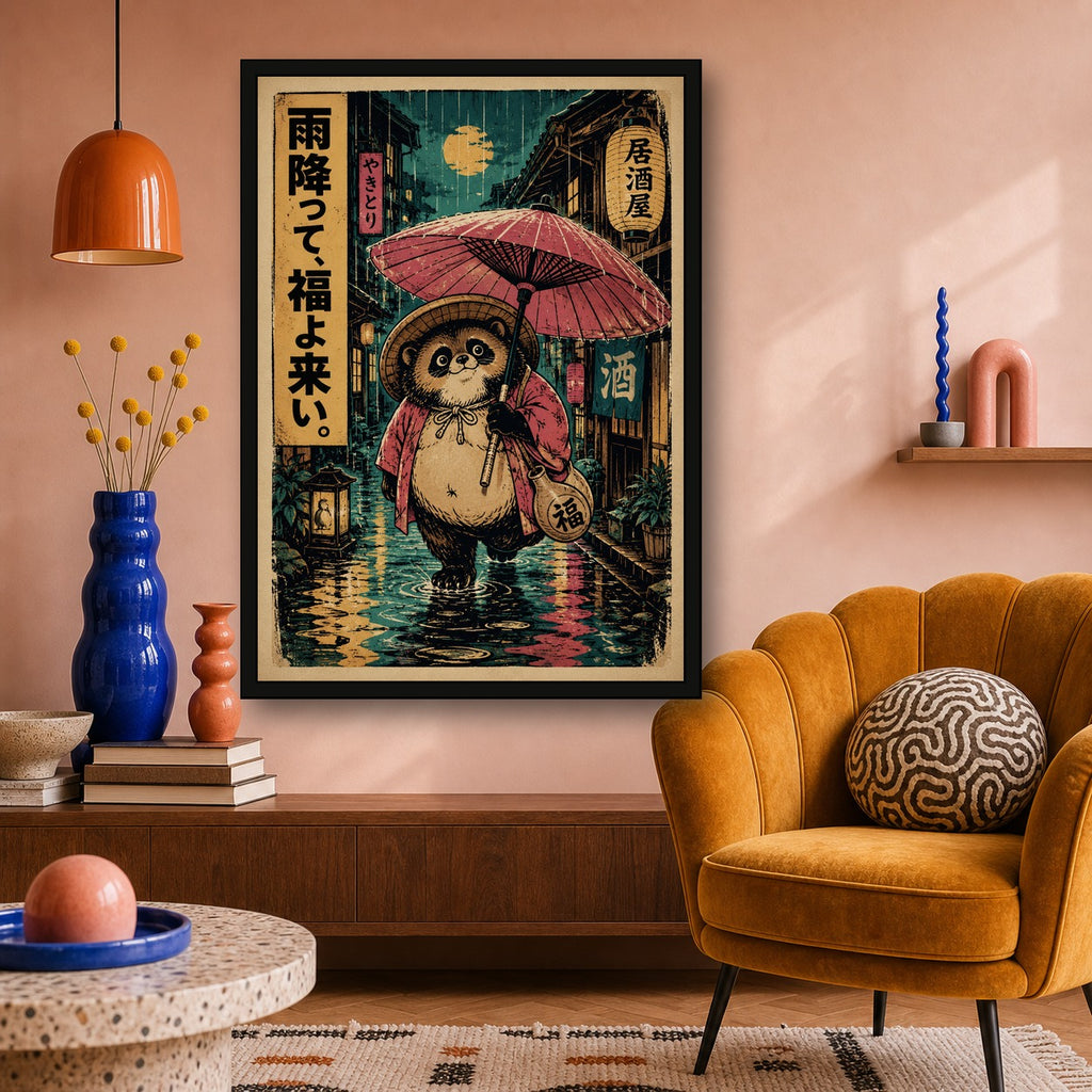 Rainy Tanuki Izakaya Poster, Japanese Nature Wall Art, Matte Print - A room mockup