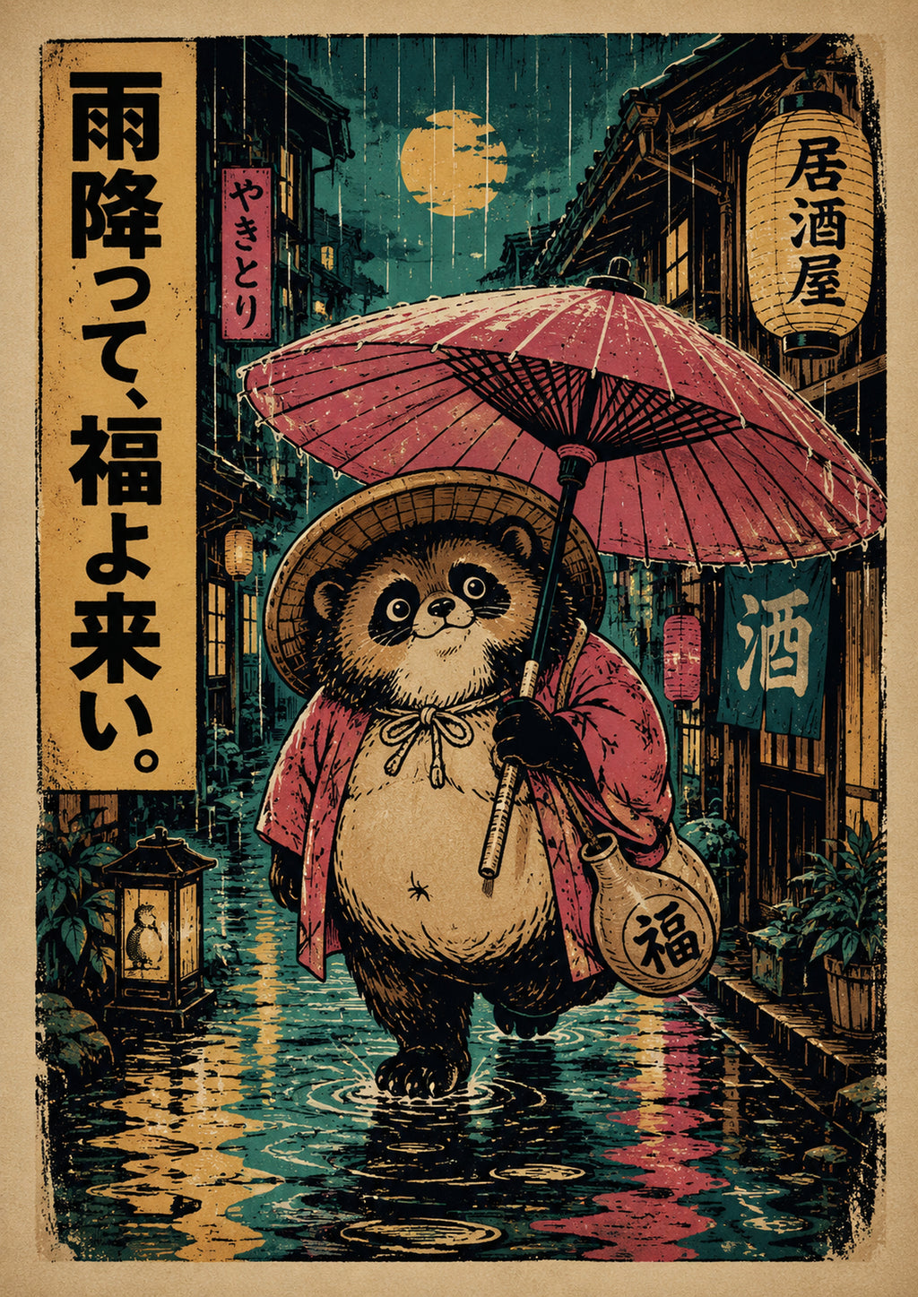 Rainy Tanuki Izakaya Poster, Japanese Nature Wall Art, Matte Print