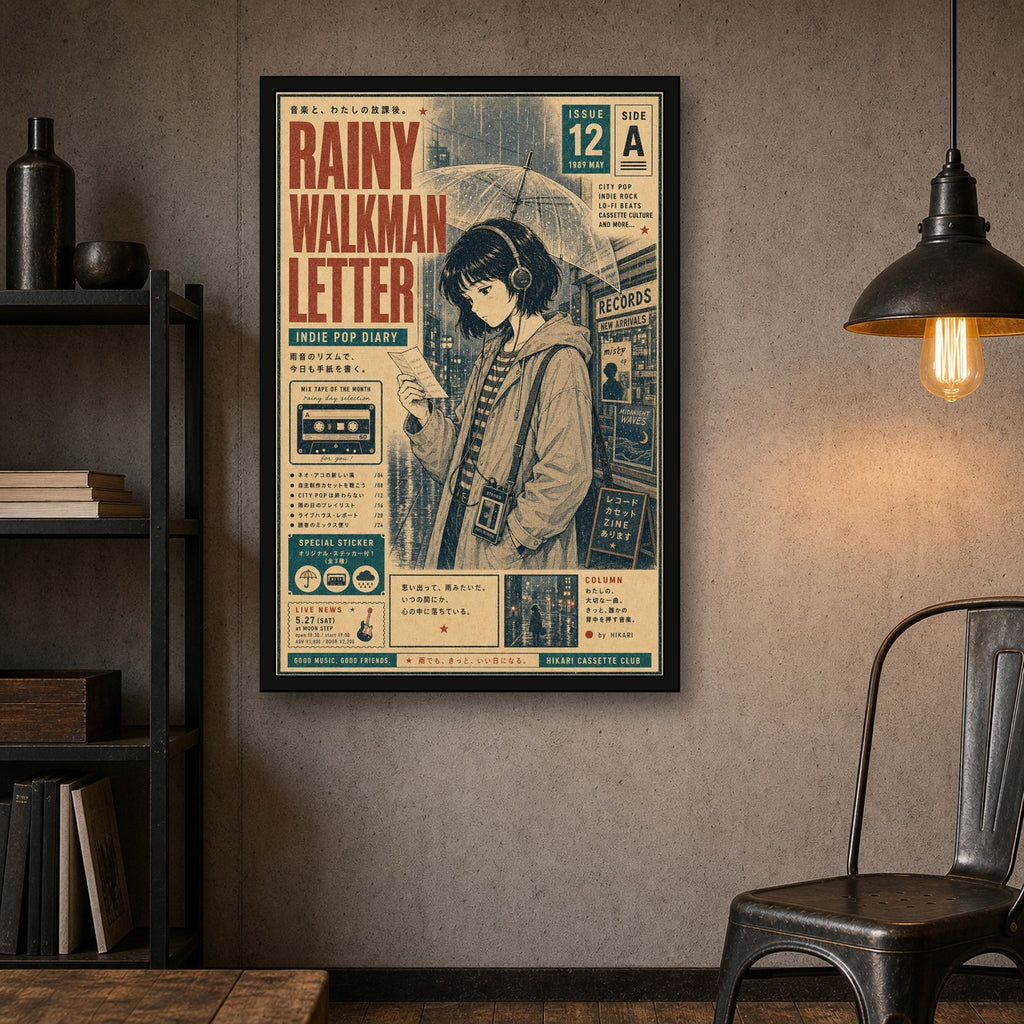 Rainy Walkman Letter Japanese Retro Poster Print - 2x3 room mockup