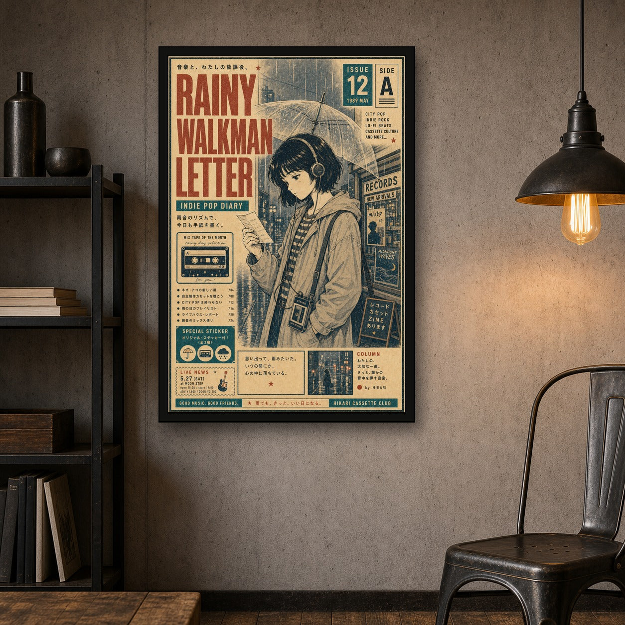 Rainy Walkman Letter Japanese Retro Poster Print - 2x3 room mockup