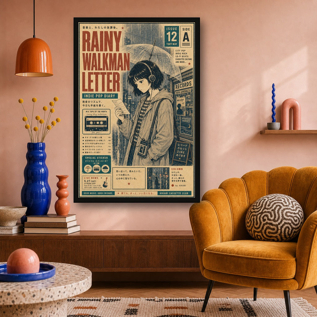 Rainy Walkman Letter Japanese Retro Poster Print - 2x3 room mockup
