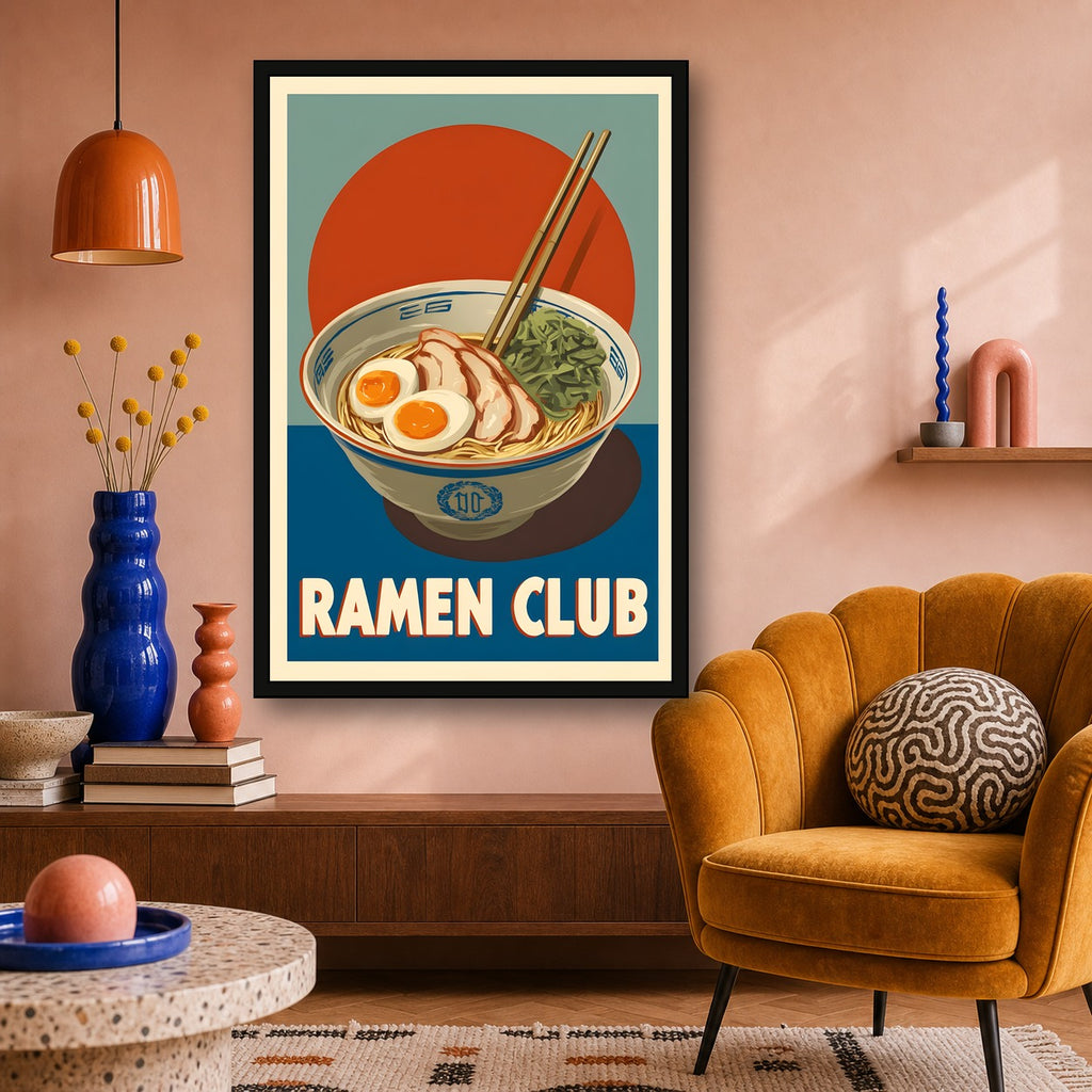 Ramen Club Poster, Japanese Noodle Kitchen Art, Food Wall Print - 2x3 room mockup