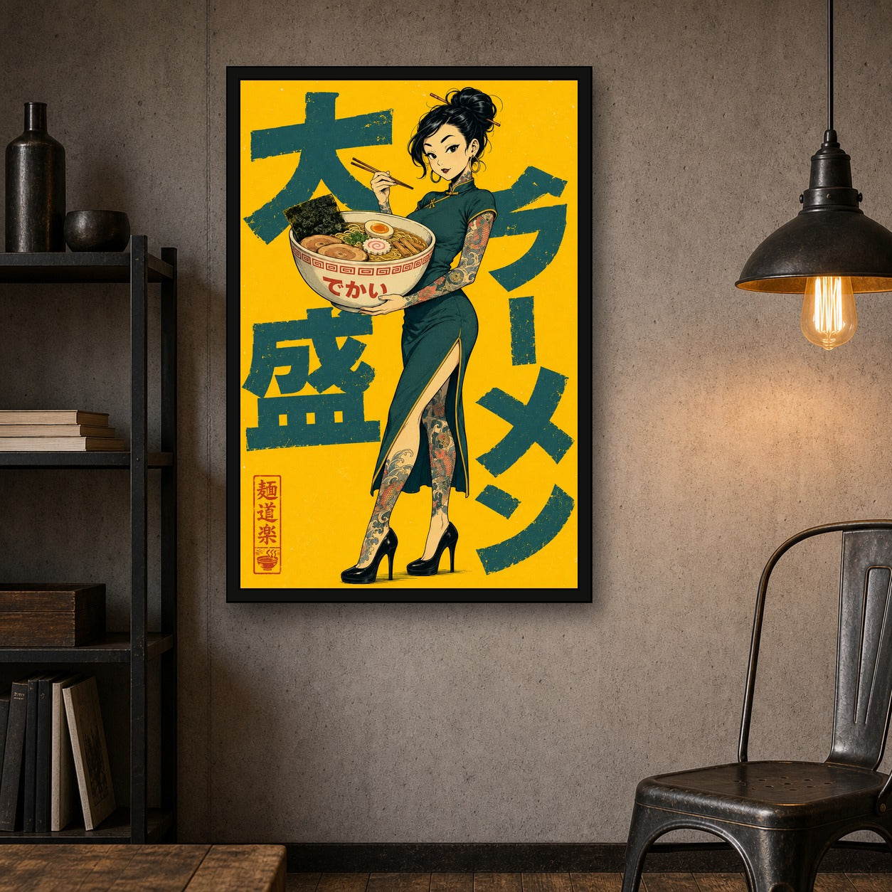 Ramen Tattoo Girl Japanese Retro Poster Print - 2x3 room mockup