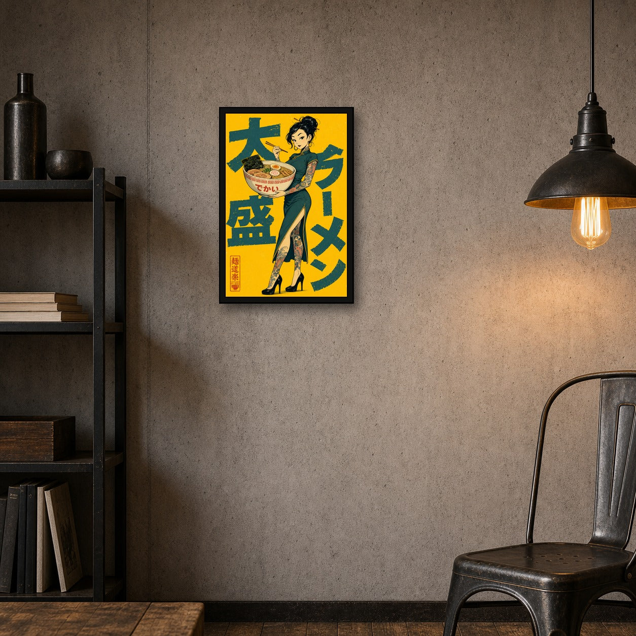 Ramen Tattoo Girl Japanese Retro Poster Print - 2x3 room mockup