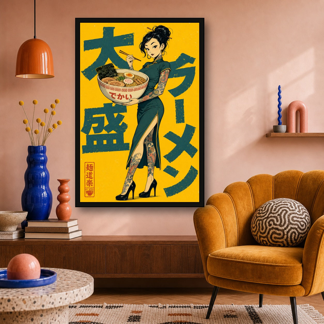 Ramen Tattoo Girl Japanese Retro Poster Print - 2x3 room mockup