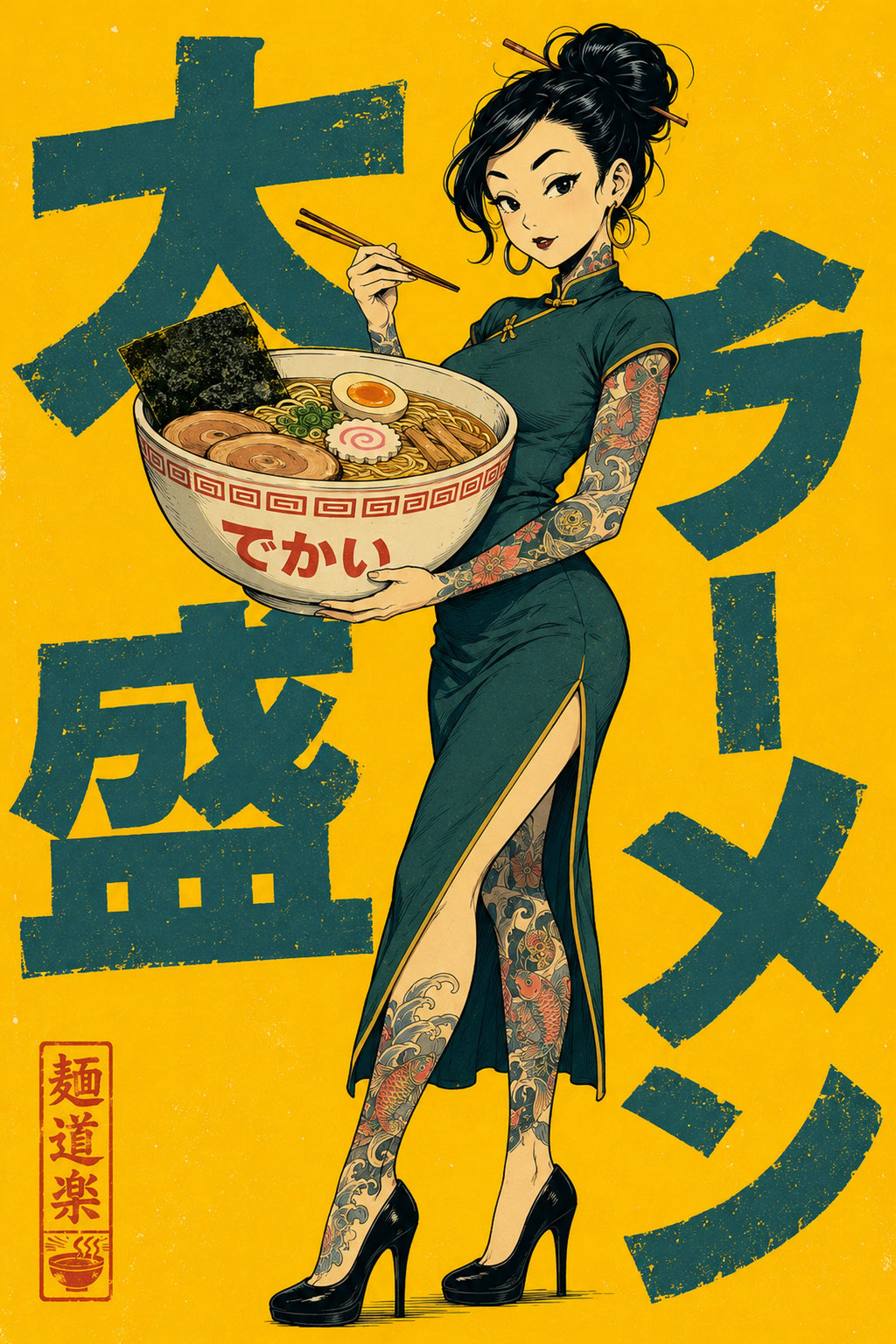 Ramen Tattoo Girl Japanese Retro Poster Print