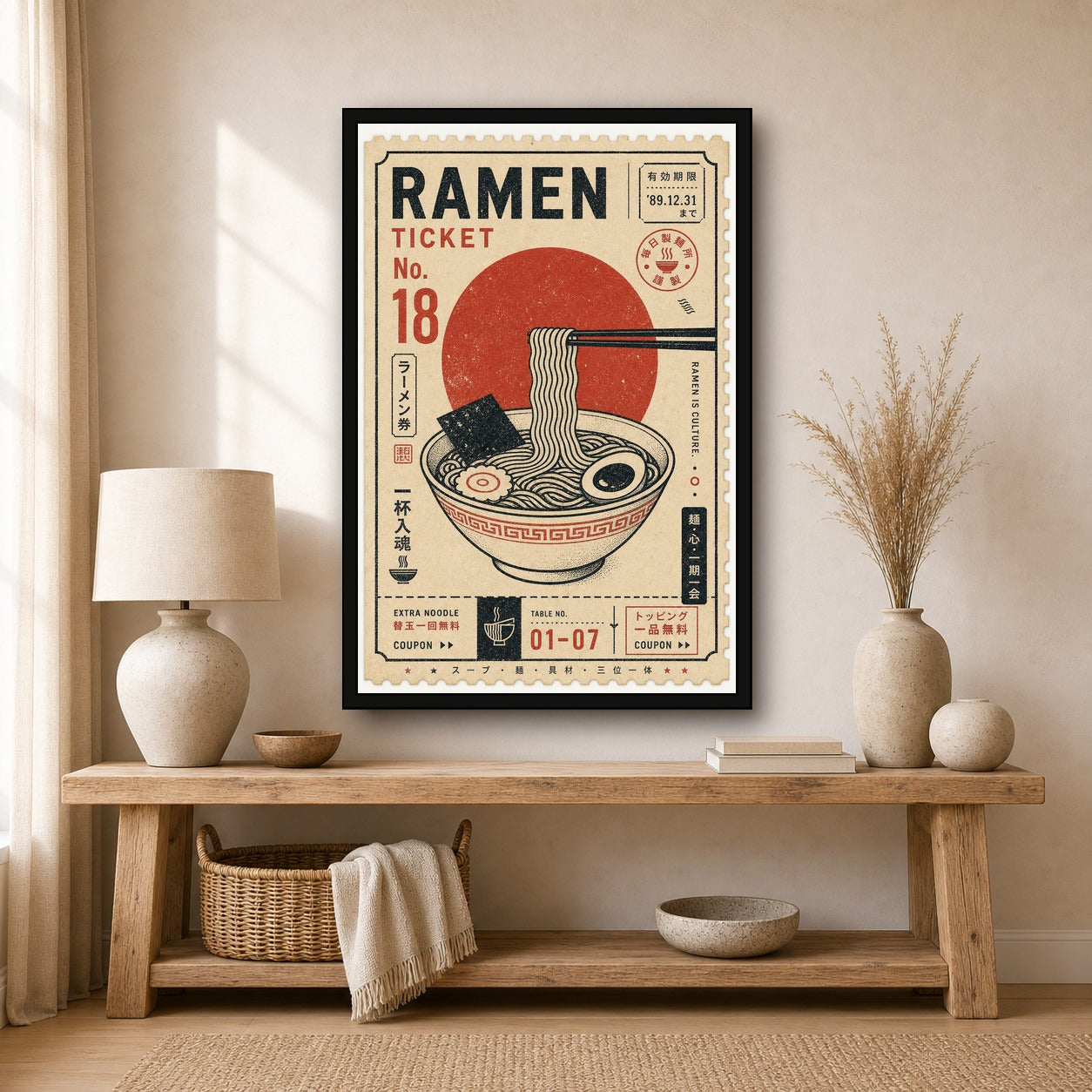 Ramen Ticket Japanese Retro Poster Print - 2x3 room mockup