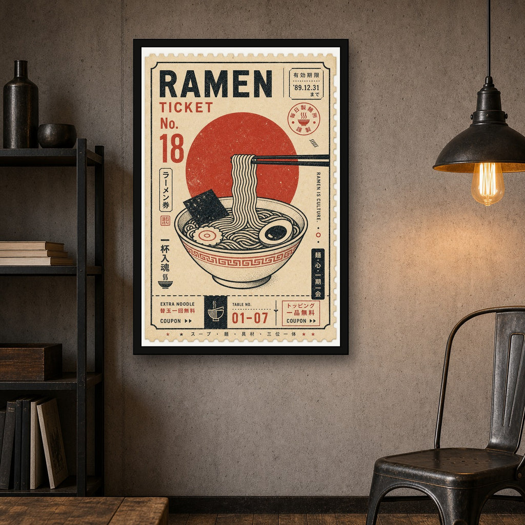 Ramen Ticket Japanese Retro Poster Print - 2x3 room mockup