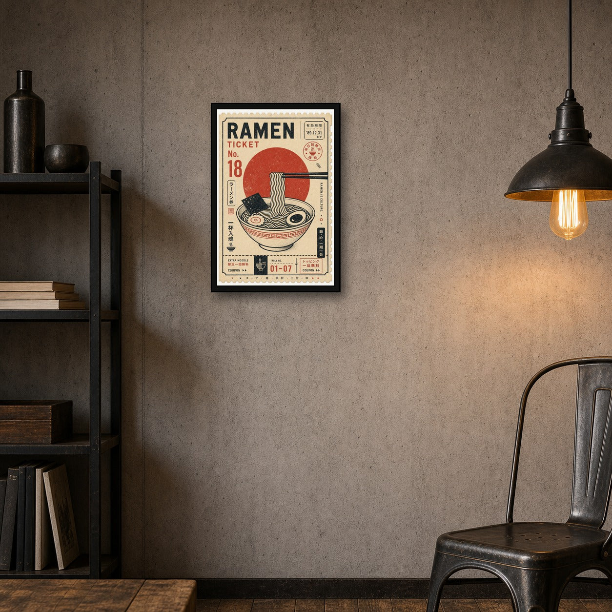Ramen Ticket Japanese Retro Poster Print - 2x3 room mockup