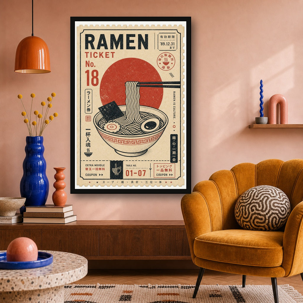 Ramen Ticket Japanese Retro Poster Print - 2x3 room mockup