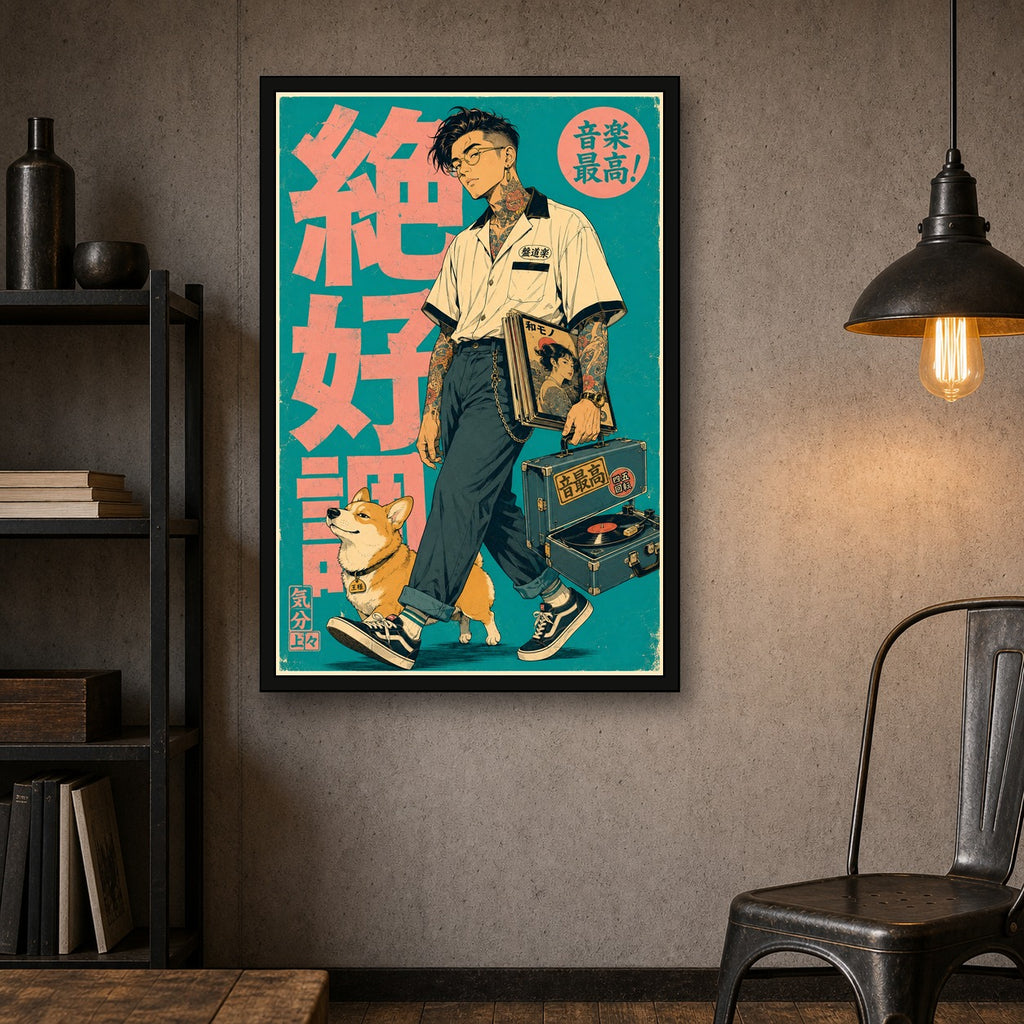 Record Case Man Japanese Retro Poster Print - 2x3 room mockup