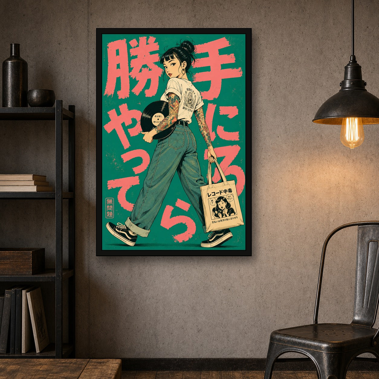 Record Shop Girl Japanese Retro Poster Print - 2x3 room mockup