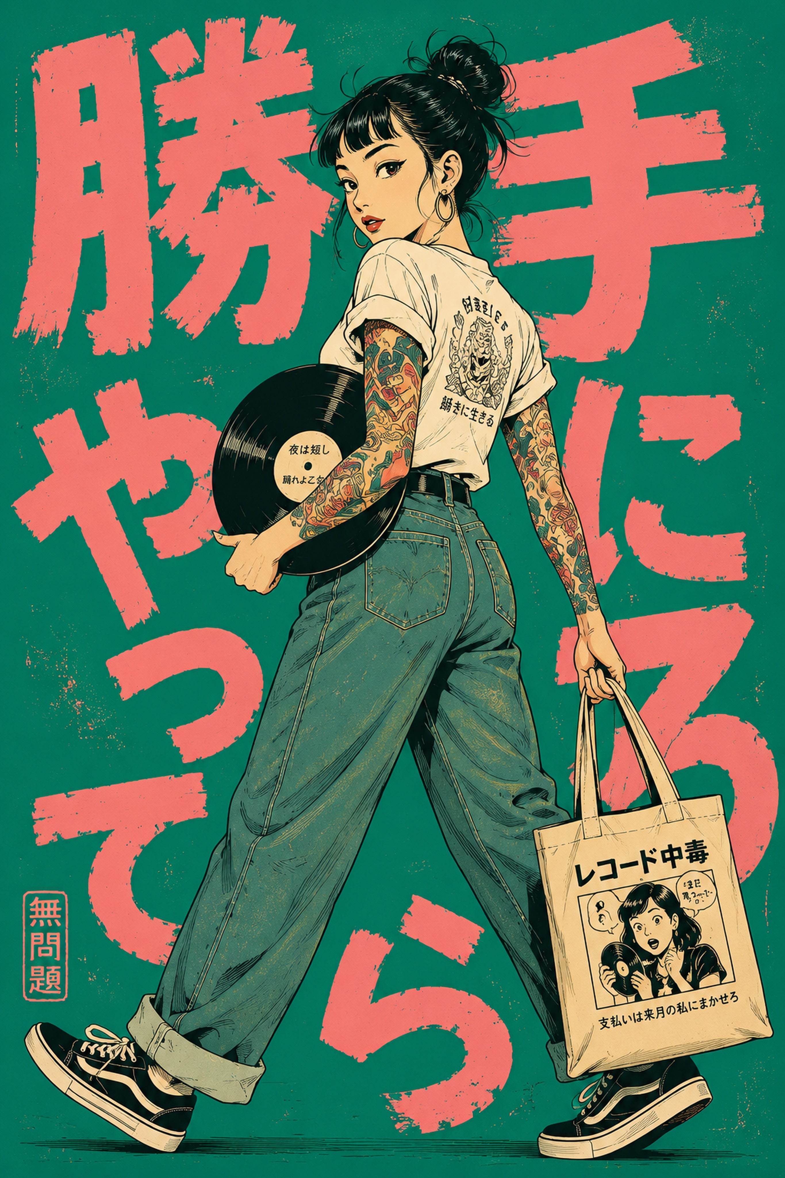 Record Shop Girl Japanese Retro Poster Print
