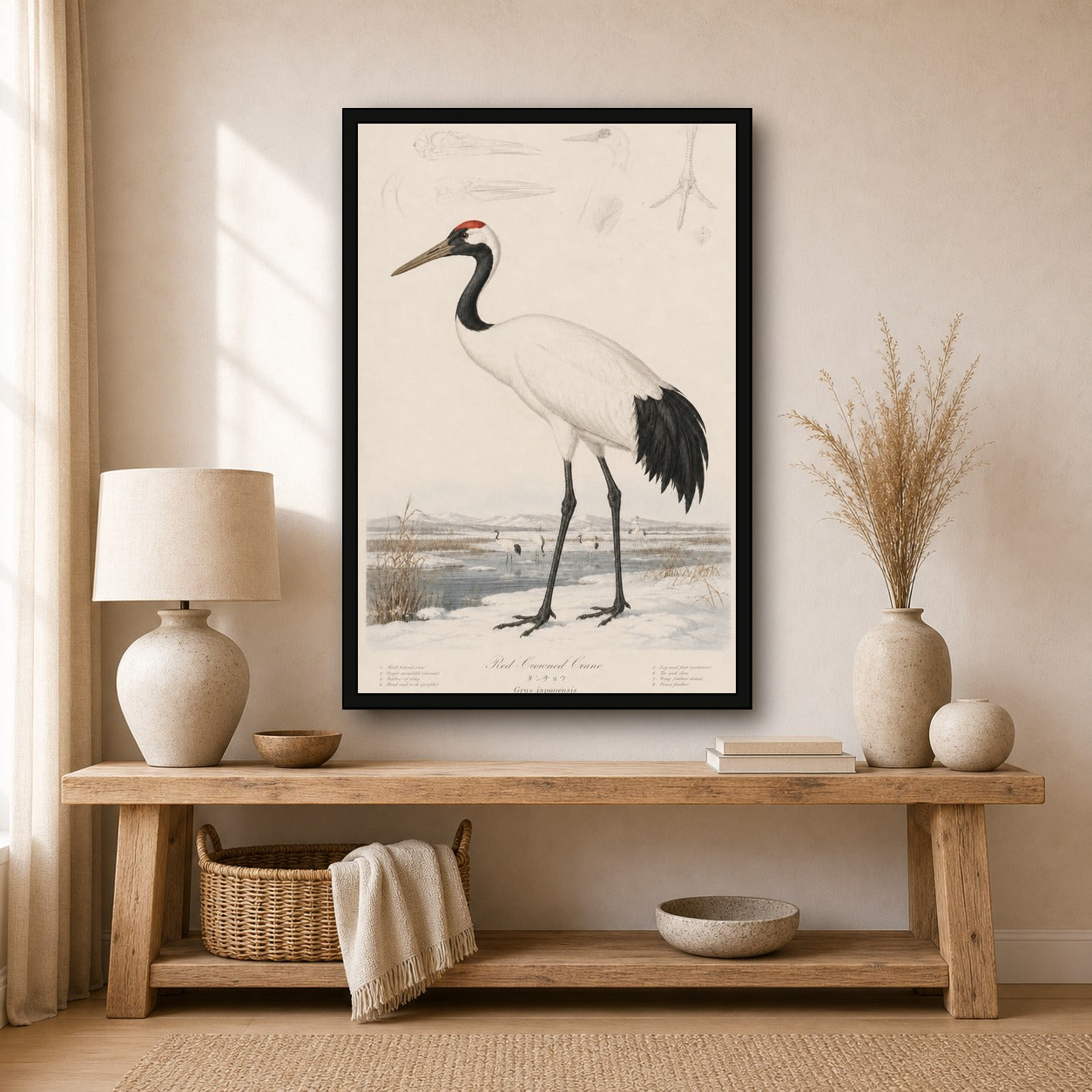 Red Crowned Crane Study Japanese inspired poster print for modern wall decor