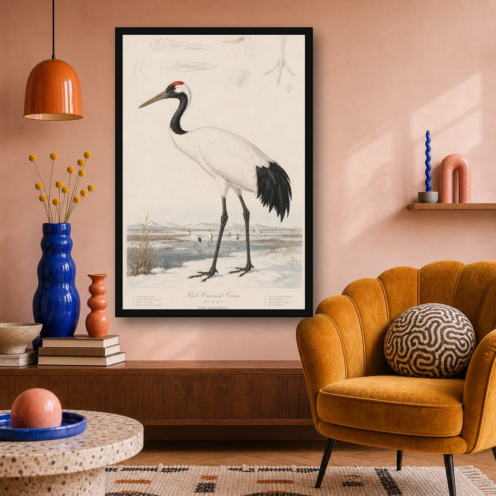 Red Crowned Crane Study Japanese inspired poster print for modern wall decor