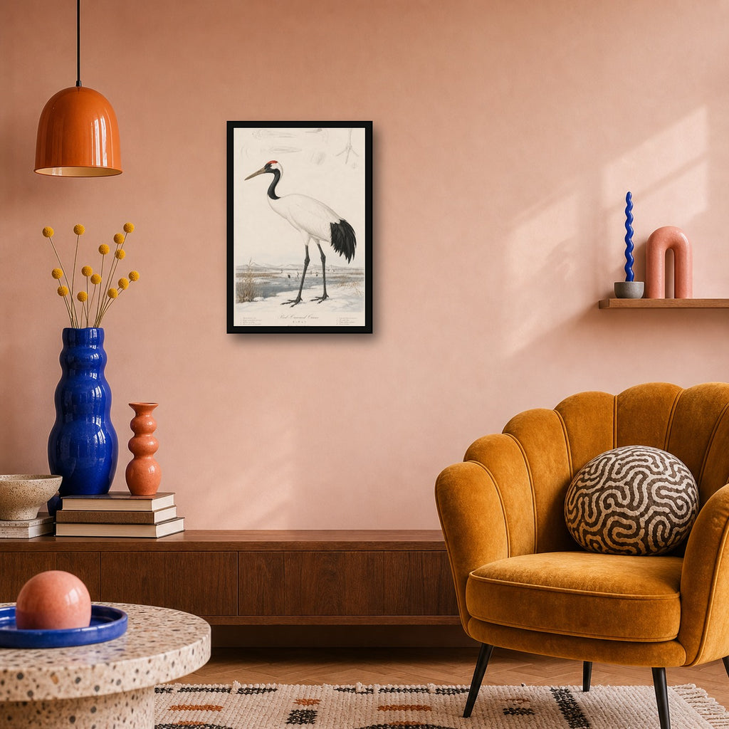 Red Crowned Crane Study Japanese inspired poster print for modern wall decor