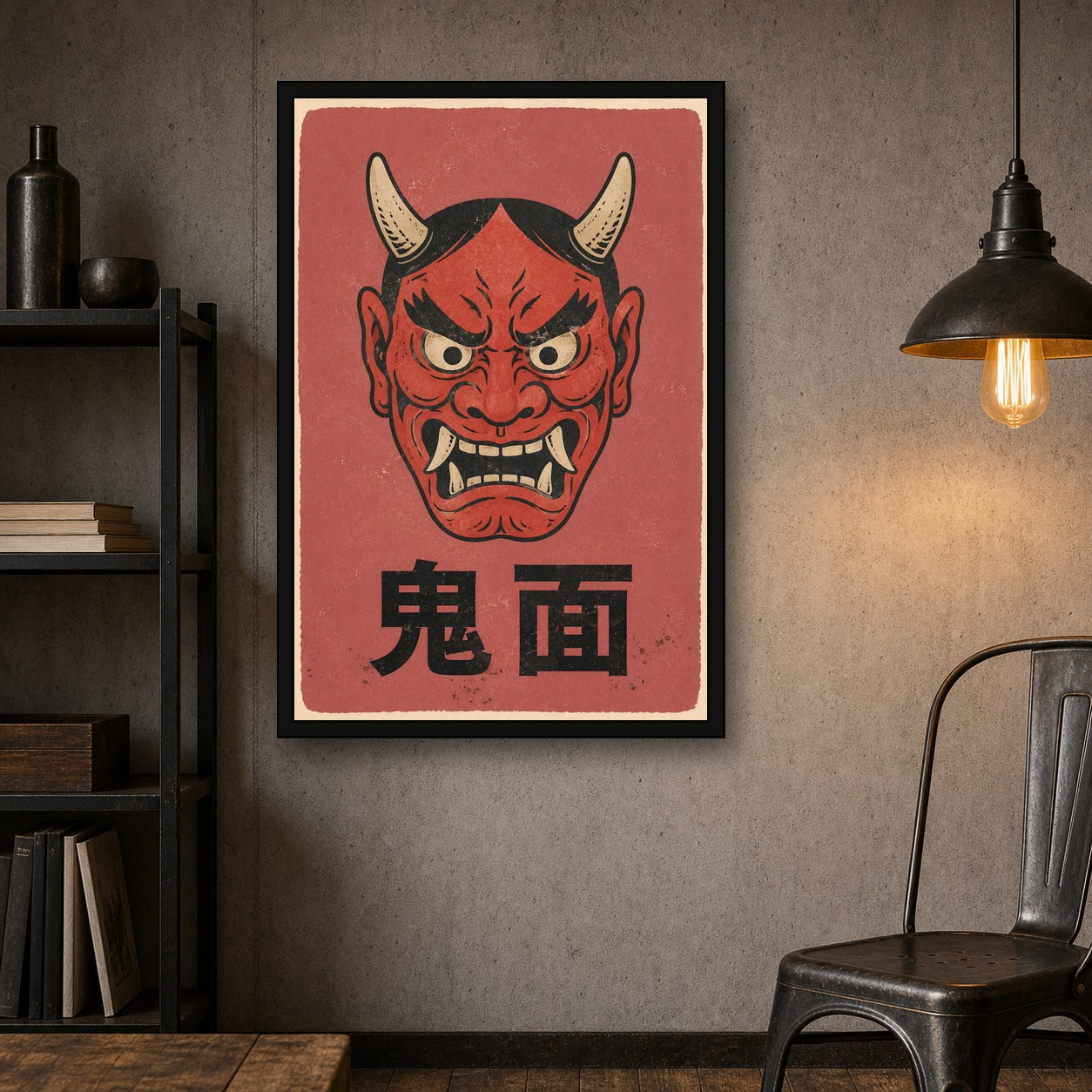 Red Oni Mask Poster, Japanese Hannya Wall Art, Vintage Folk Art Print - 2x3 room mockup