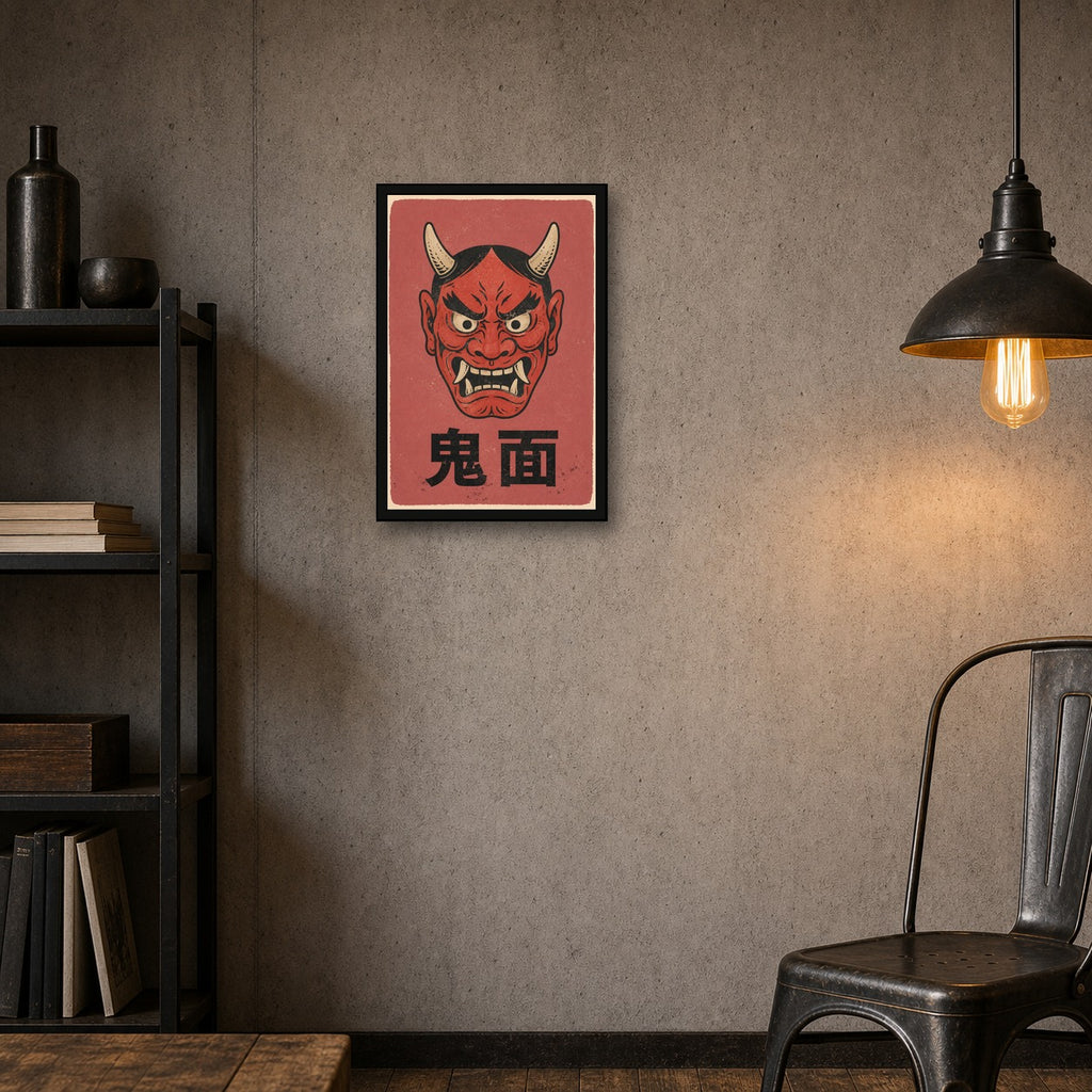 Red Oni Mask Poster, Japanese Hannya Wall Art, Vintage Folk Art Print - 2x3 room mockup