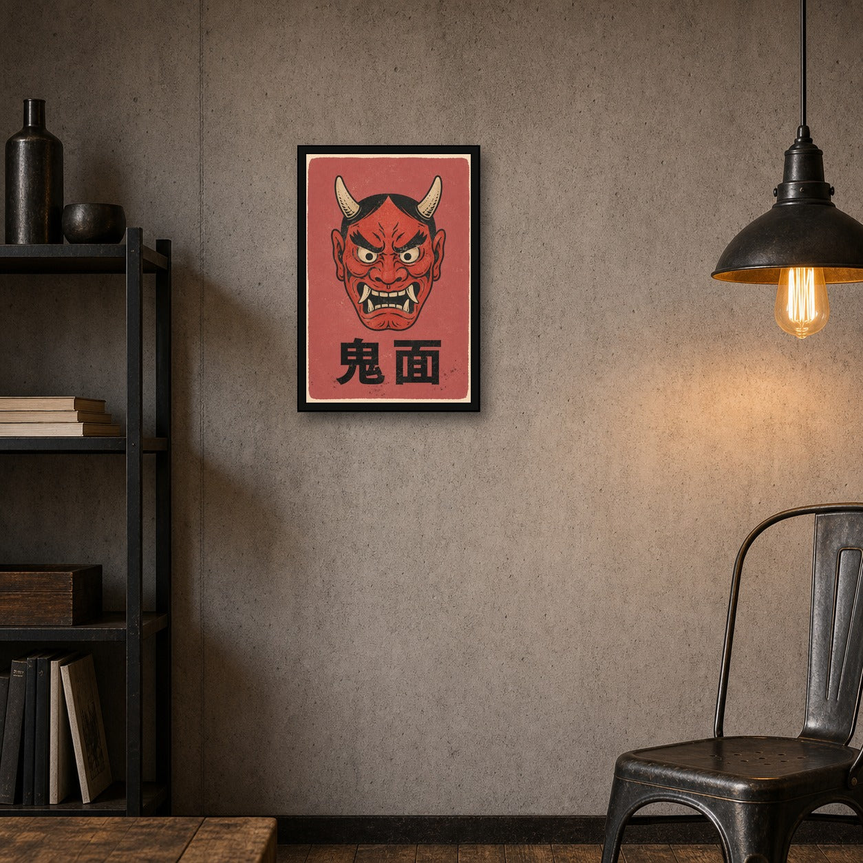 Red Oni Mask Poster, Japanese Hannya Wall Art, Vintage Folk Art Print - 2x3 room mockup