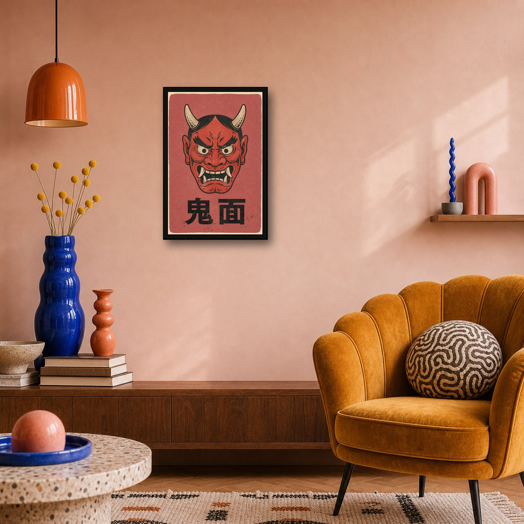 Red Oni Mask Poster, Japanese Hannya Wall Art, Vintage Folk Art Print - 2x3 room mockup
