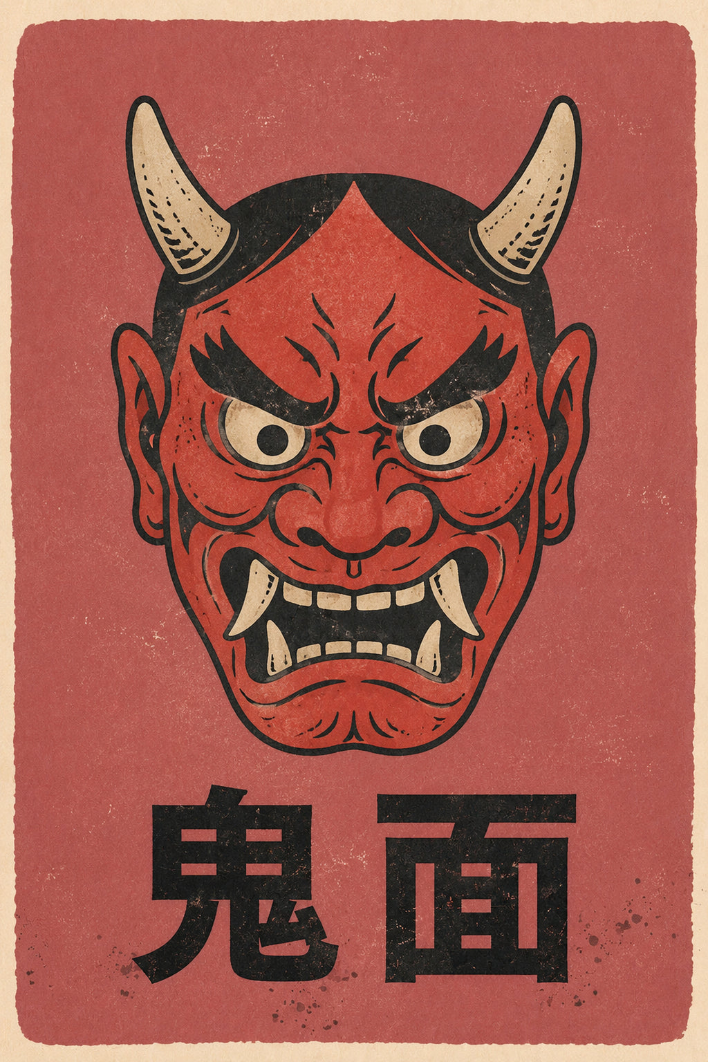 Red Oni Mask Poster, Japanese Hannya Wall Art, Vintage Folk Art Print