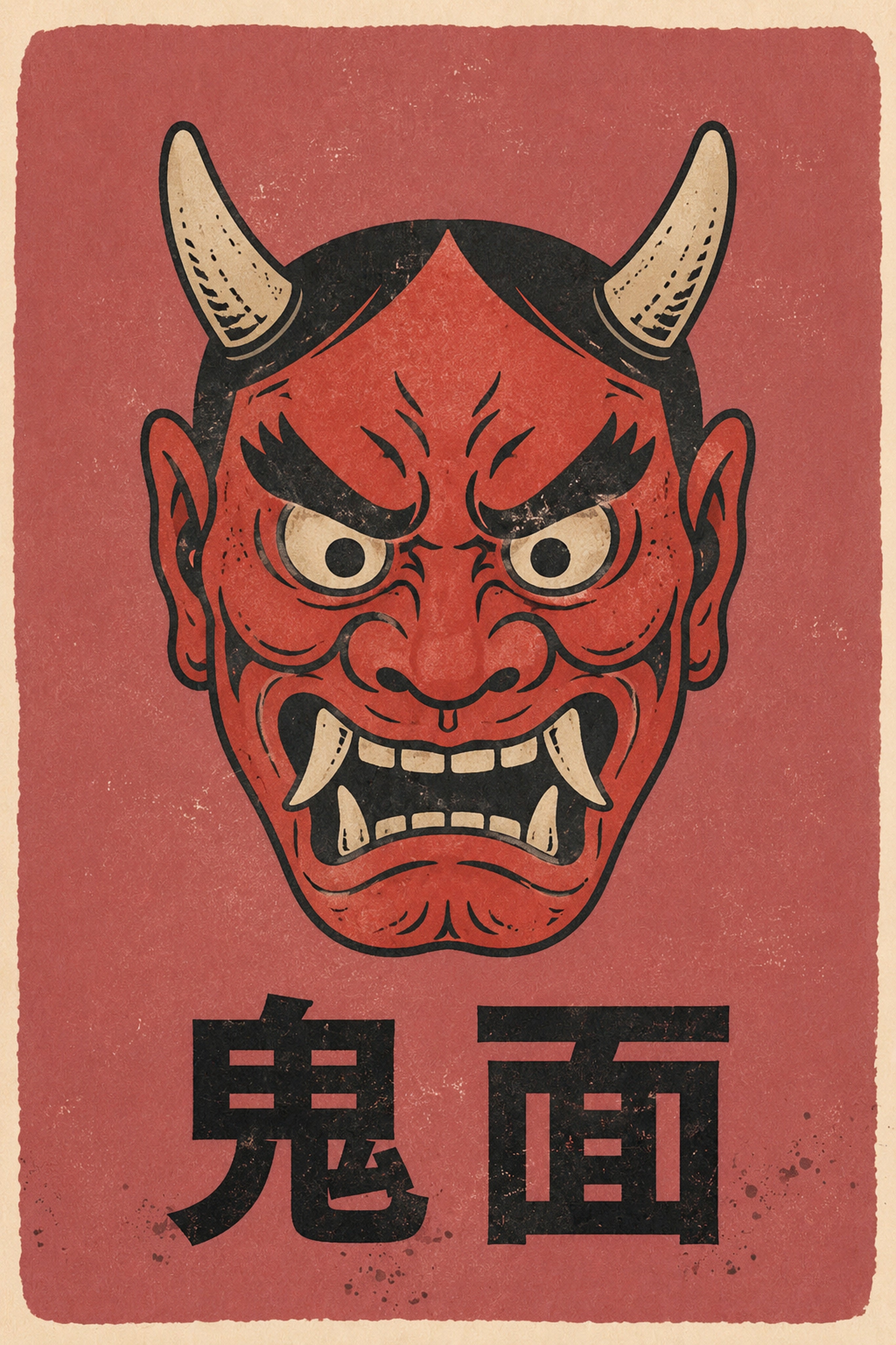 Red Oni Mask Poster, Japanese Hannya Wall Art, Vintage Folk Art Print