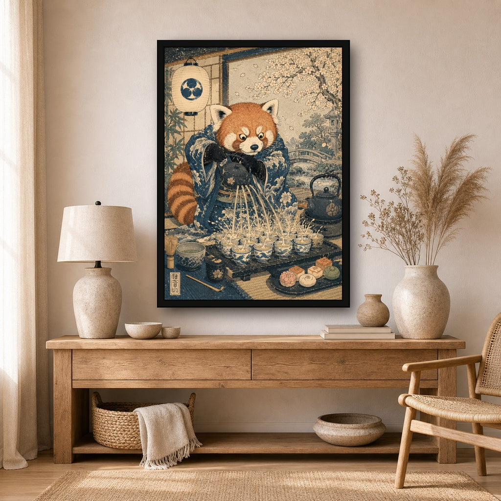Red Panda Tea Ceremony Japanese Retro Poster Print - A room mockup