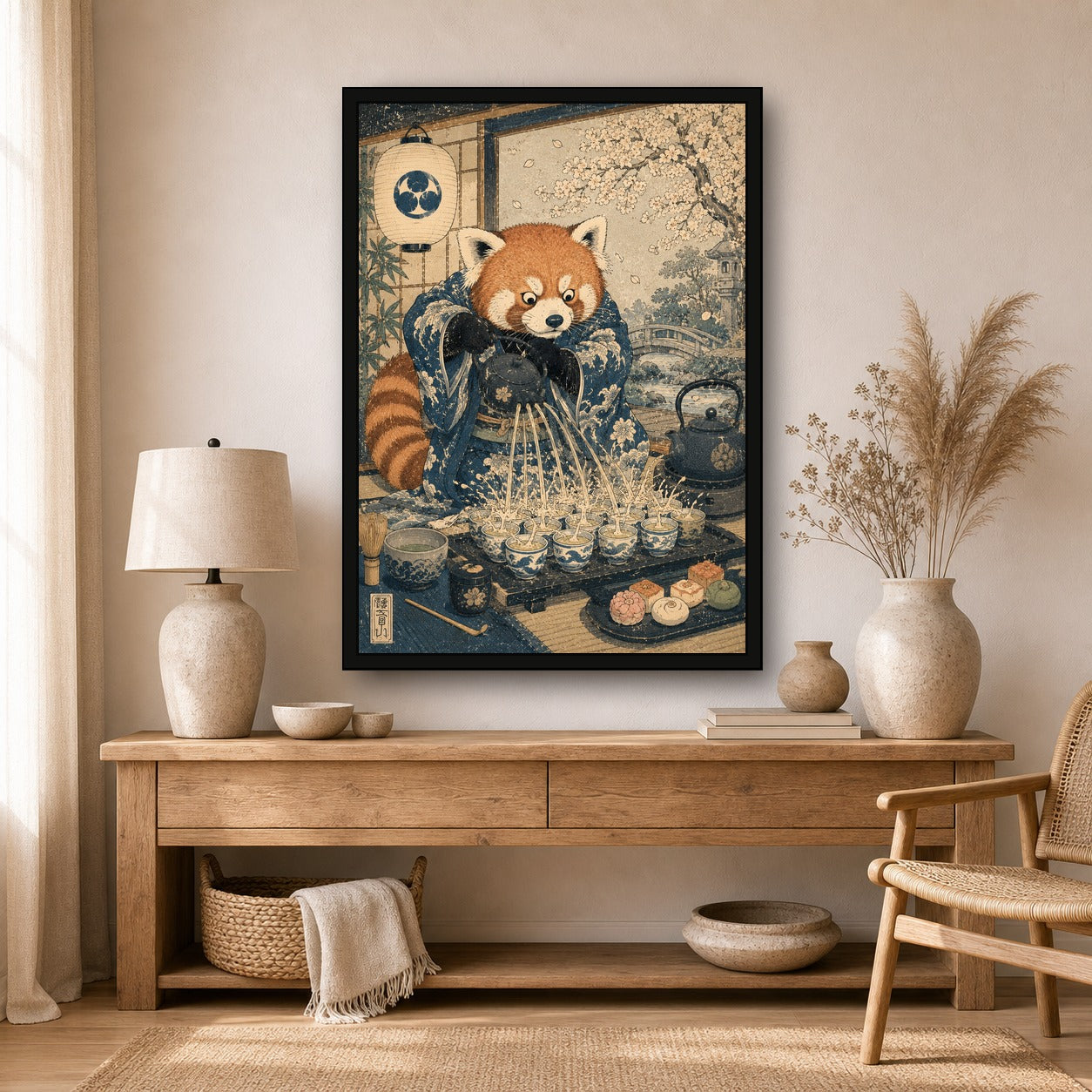 Red Panda Tea Ceremony Japanese Retro Poster Print - A room mockup