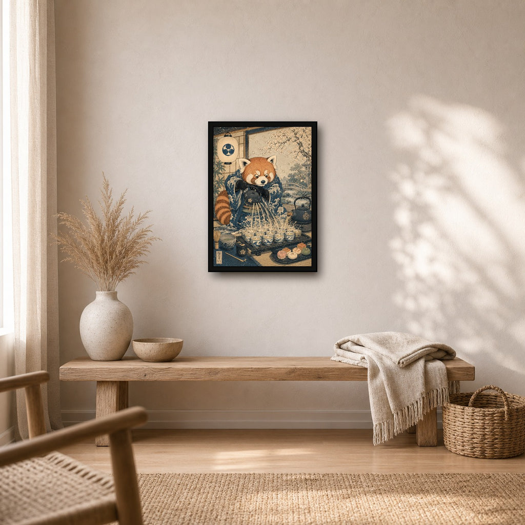 Red Panda Tea Ceremony Japanese Retro Poster Print - A room mockup