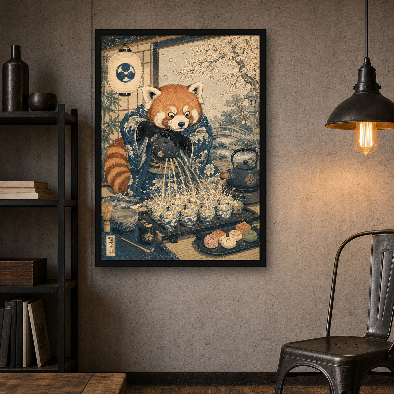 Red Panda Tea Ceremony Japanese Retro Poster Print - A room mockup